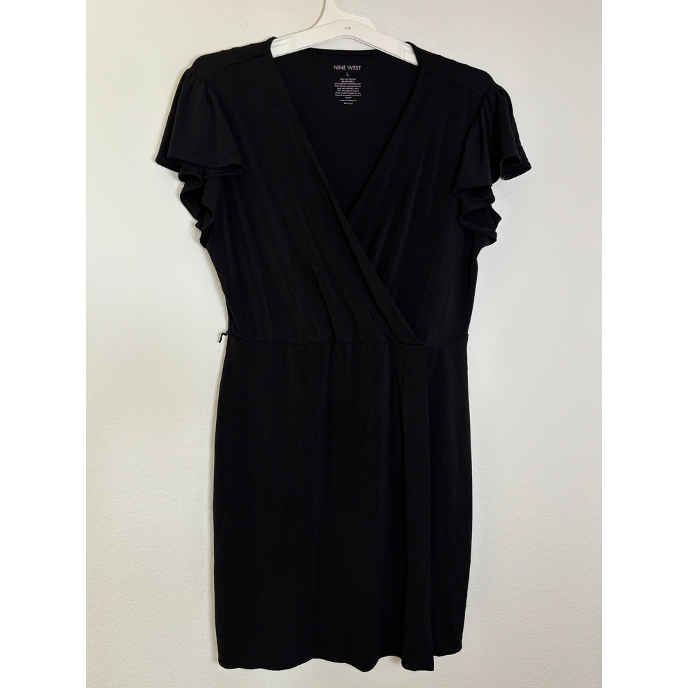 Nine West Black Faux Wrap Dress Ruffle Flutter Sleeve V-Neck Size Large